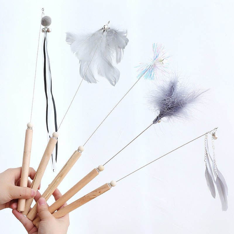 Ready Stock Wholesale Wooden Handle Steel Wire Pom Feather Cat Stick 5pcs Pack - Feisuo Pet