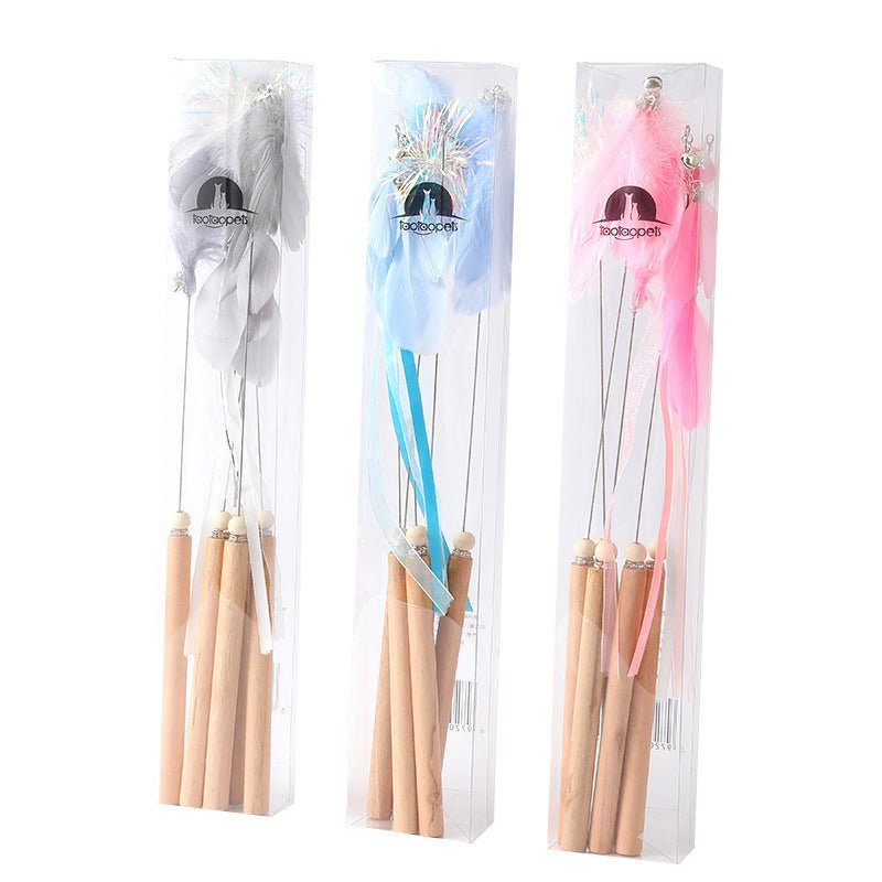 Ready Stock Wholesale Wooden Handle Steel Wire Pom Feather Cat Stick 5pcs Pack - Feisuo Pet