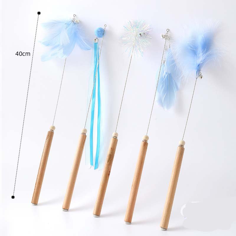 Ready Stock Wholesale Wooden Handle Steel Wire Pom Feather Cat Stick 5pcs Pack - Feisuo Pet